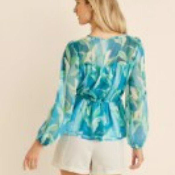 Venus Blouse Sheer Medium Blue Green Chiffon Romantic - Picture 2 of 9